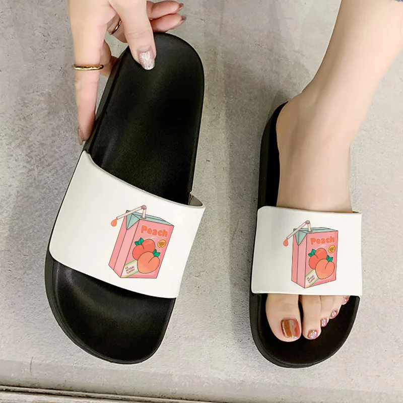 

2021 Sandals Women Summer Cute strawberry juice carton milk print Beach Slides Home Slippers Slip on sandals Female Shoes Flip F
