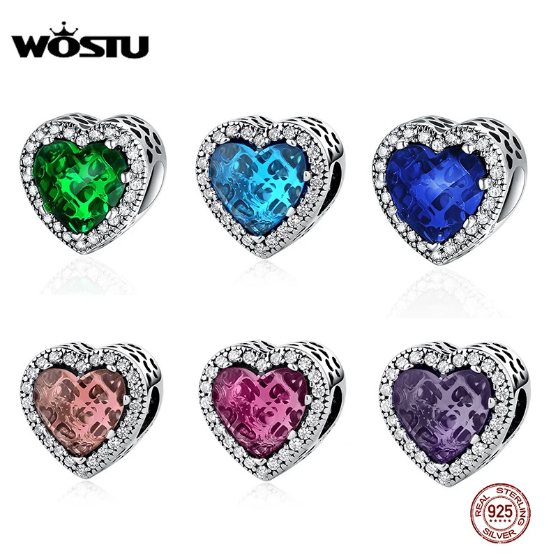 WOSTU 100% 925 пробы серебро Ослепительная Лучистая зеленая в форме сердца Шарм Бусины