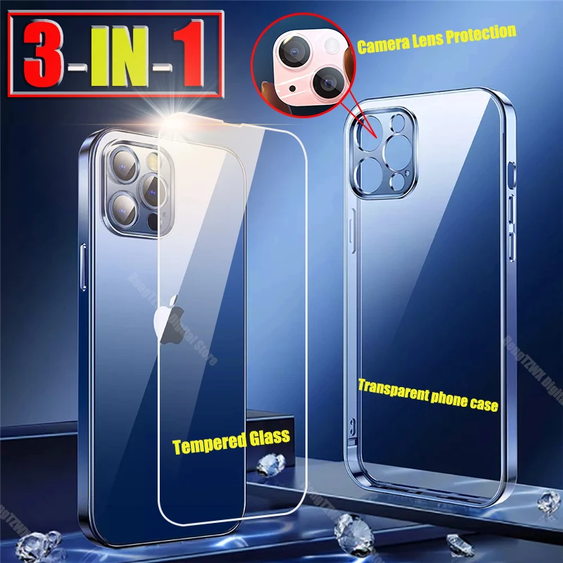 

Ультратонкий Прозрачный чехол для iPhone 13 Pro Max 12 11 Mini XS XR X, мягкий силиконовый чехол из ТПУ на 6 7 8 Plus S, чехол для телефона из закаленного стекла ...