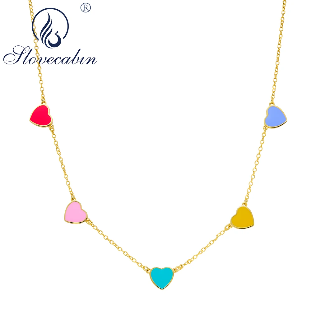 

Slovecabin 925 Sterling Silver Rainbow Heart Link Chain Choker Necklace For Women Party Silver 925 Fine Jewelry Femme Best Gift