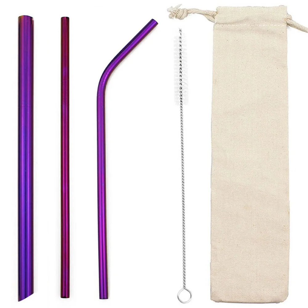 Purple 5pcs Reusable 304 Stainless Steel Rainbow Straw Metal Smoothies Drinking Straight Straws Silicone Cover with Brush Bag Wholesale - Цвет: Purple