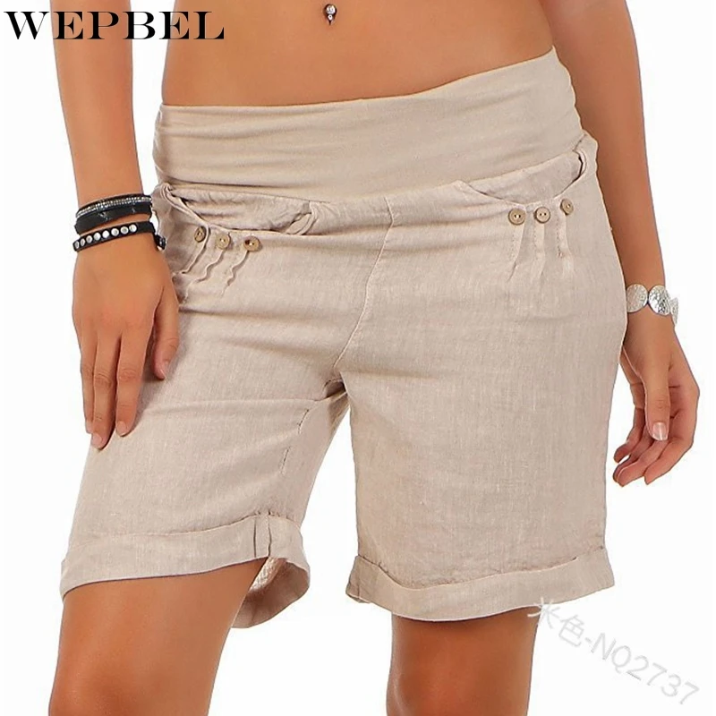 

WEPBEL Solid Color Shorts Women's Casual Buttons Loose Shorts Summer Fashion Elastic Low Waist Pocket Straight Shorts