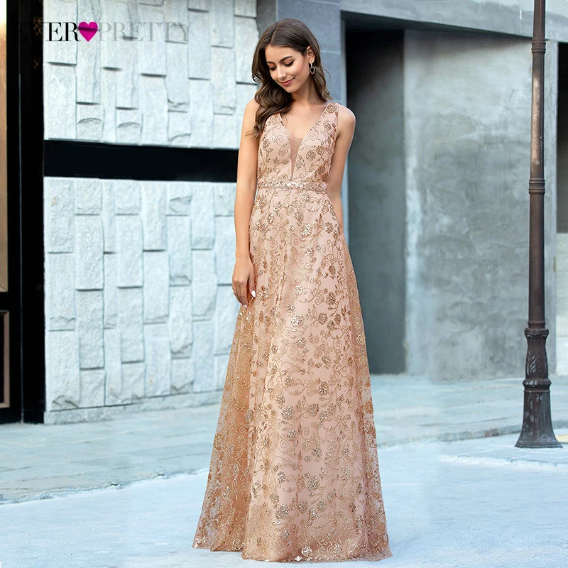Женское вечернее платье Ever Pretty розовое золото а-силуэта с v-образным вырезом на