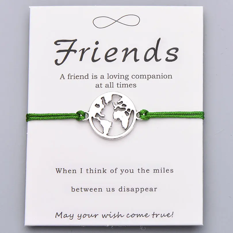dark green with card Pipitree модный браслет дружбы, красная нить на удачу, Карта мира, браслеты для женщин, мужчин, друзей, ювелирный подарок, регулируемый - Окраска металла: dark green with card