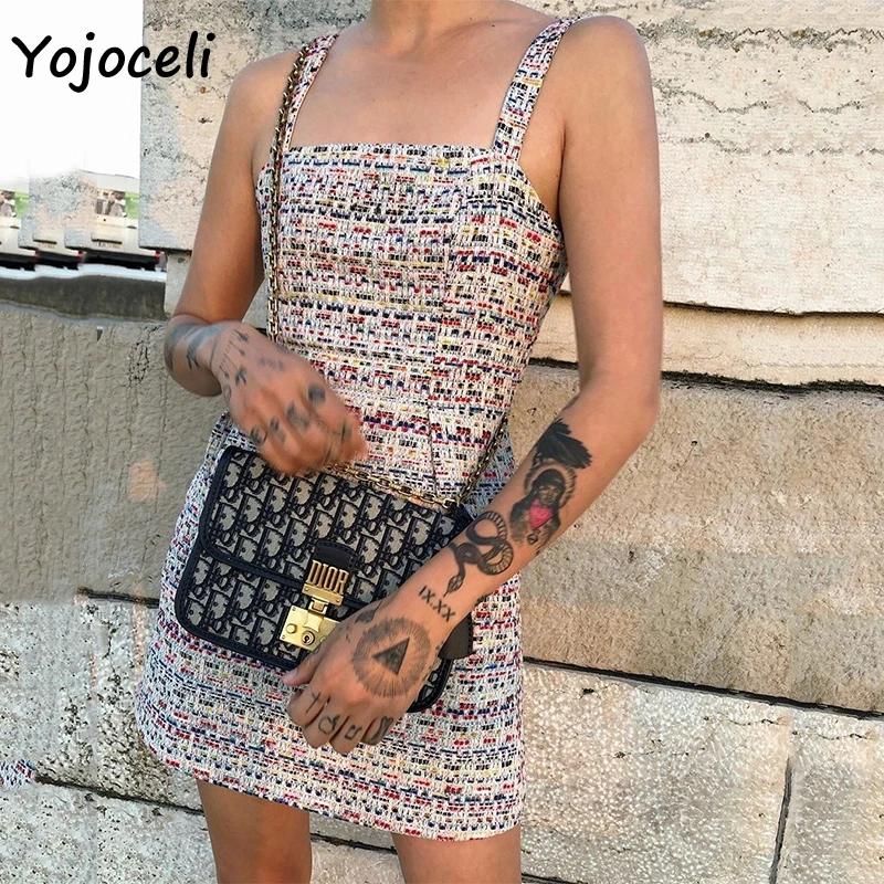 Yojoceli 2019 осенне зимнее яркое твидовое Платье женское облегающее клетчатое мини