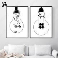 canvas painting black and white abstract boy and girl in bulb poster and print wall art pictures for kids baby room home decor