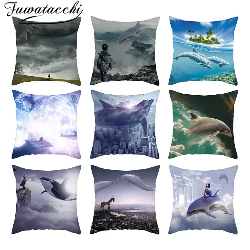 Декоративная наволочка Fuwatacchi с рисунком дельфина яркий морской мир украшение