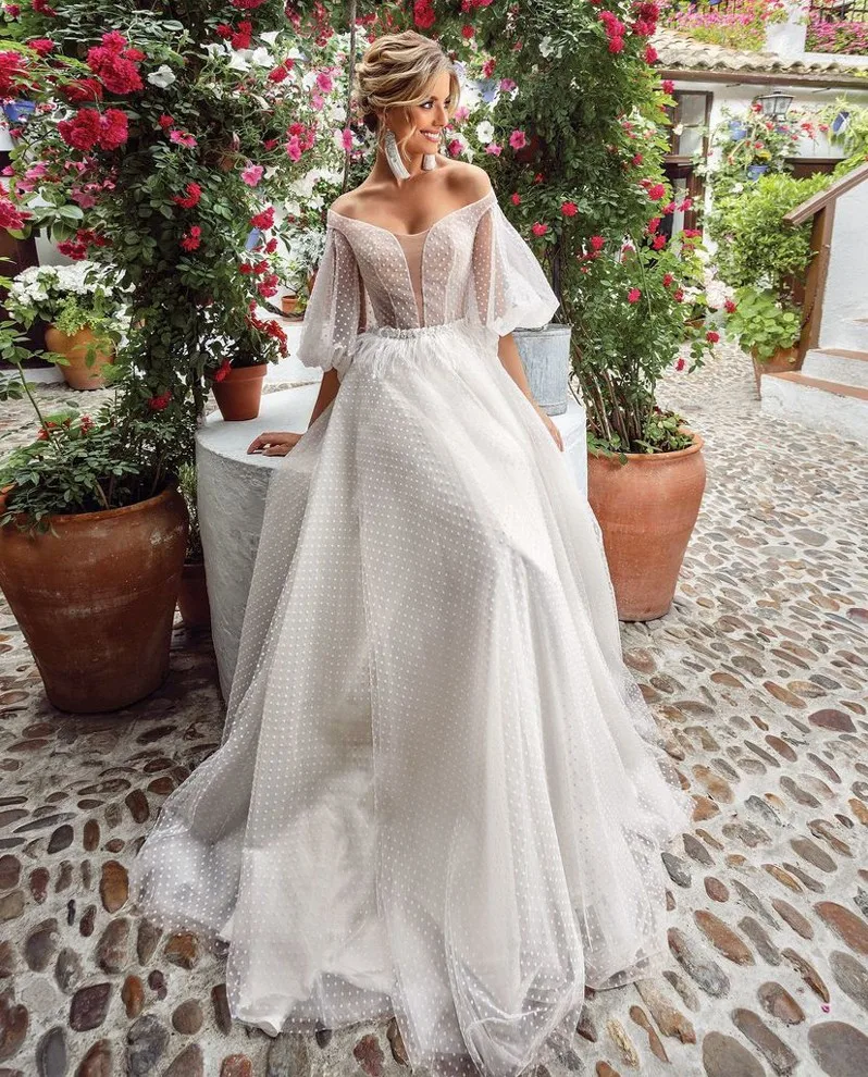 

New Beach Lace Dress for Wedding Party 2020 Elegant Boho Wedding Gowns Puffy Sleeves Bridal Dress Vestido De Noiva