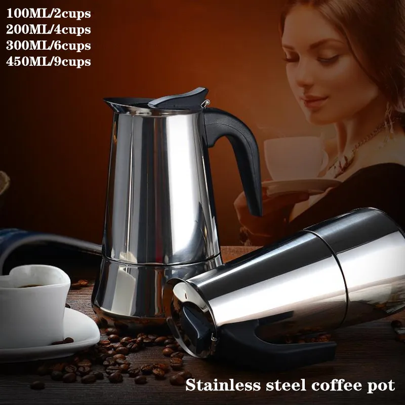 

2/4/6/9cups Moka Coffee Pot Espresso Latte Percolator Stove Coffee Maker Espresso Pot Italian Coffee Machine Stainless Steel