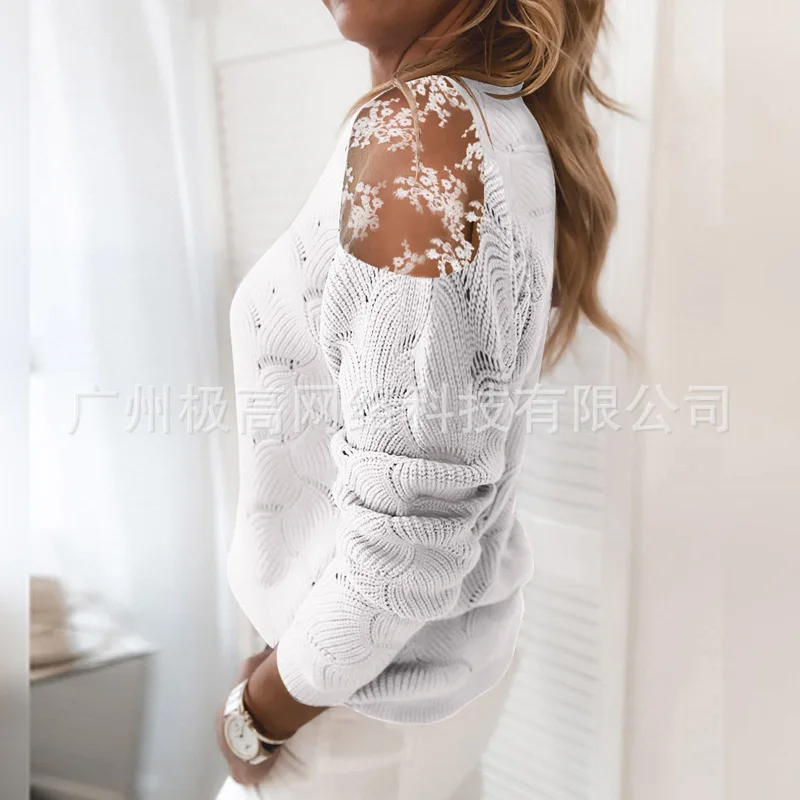 

WEPBEL Women's Sexy Mesh Splicing Lace Tops Autumn Fashion Long Sleeve O-Neck Hollow Out Pullovers Top