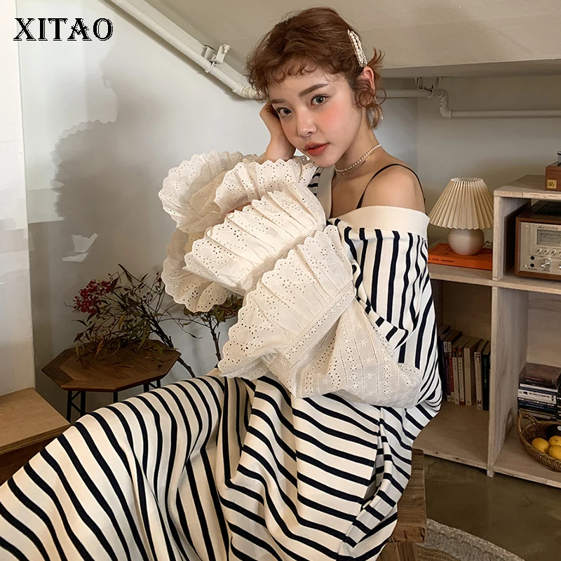 Женское платье средней длины XITAO элегантное свободное в полоску с v образным