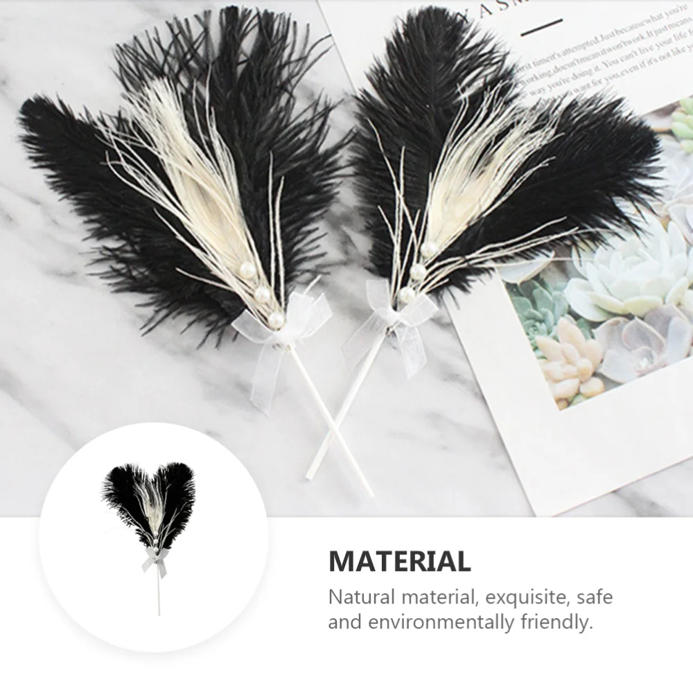 

2pcs Birthday Cake Topper Feather Pearl Inlaid Cake Inserts Party Cupcake Decor