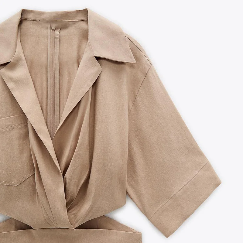 

Fashion Turn Down Collar Half Sleeve Dresses Women Elegant Hollow Out Mini Dress Women Pockets Khaki Casual Dresses Ladies