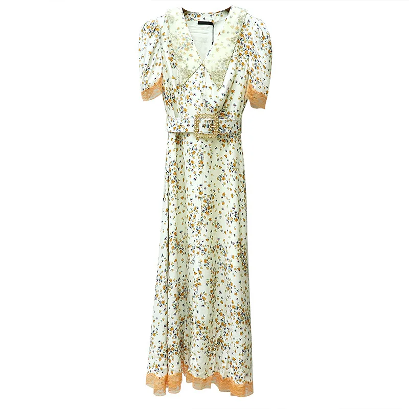 

AELESEEN Fashion Runway Summer Dress Women Flower Embroidery Lace Sleeve Floral Print Elegant High Quality Party Dress Vestidos