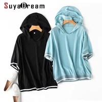 suyadream woman 2021 summer solid blouses 100silk crepe short sleeves hooded blouse shirts black blue