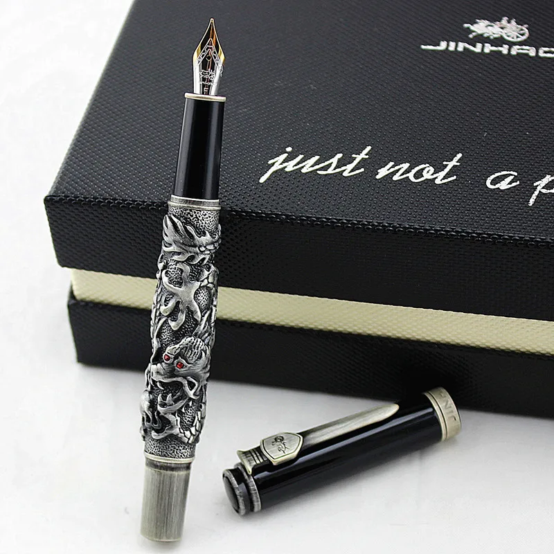 Jinhao винтажная Золотая-черная авторучка двойной дракон каллиграфия Fude Nib Металлическая резьба тиснение тяжелый подарок коллекция ручек