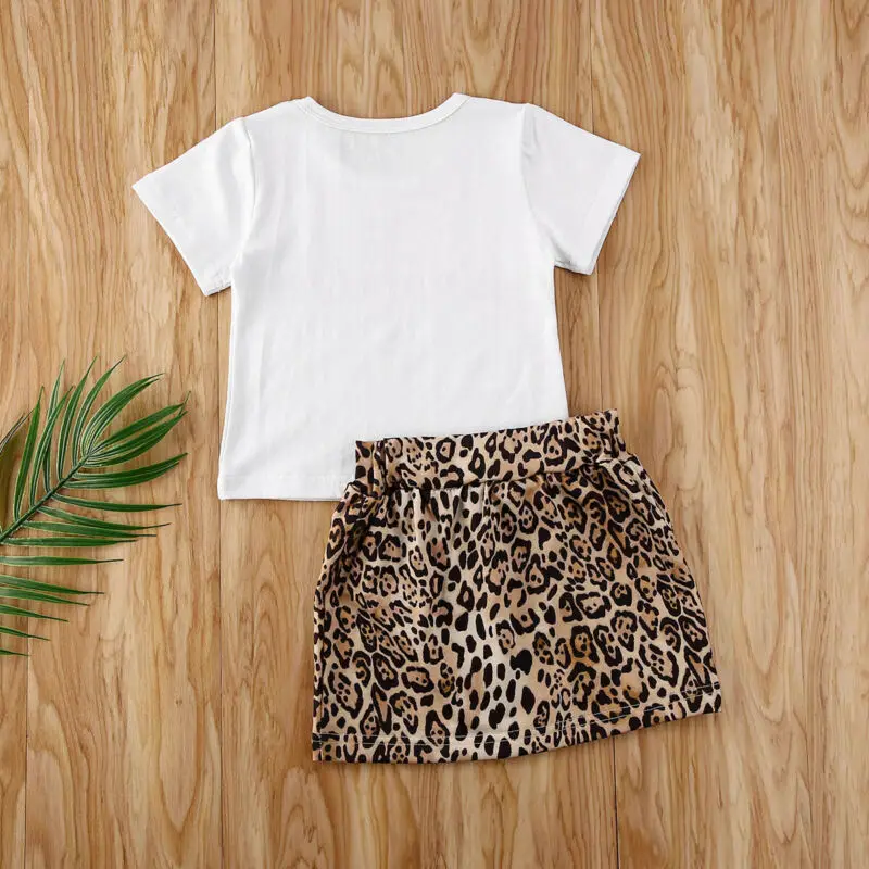 Toddler Kids Baby Girl Leopard Print Clothes Tops Letter T-Shirt+Button Short Skirt 2PCS Outfits Set | Детская одежда и обувь