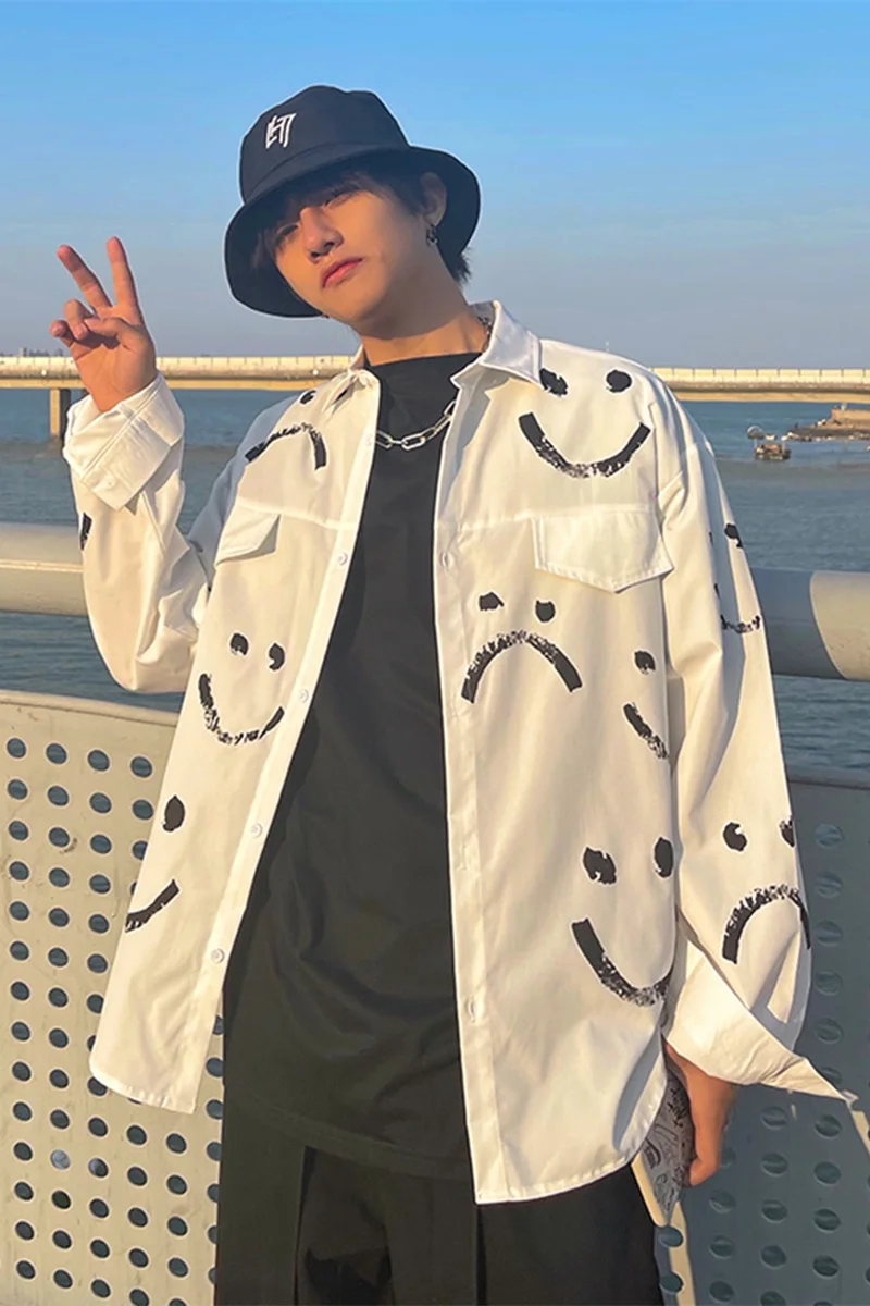 Рубашка мужская с длинным рукавом модная брендовая блуза принтом смайлика