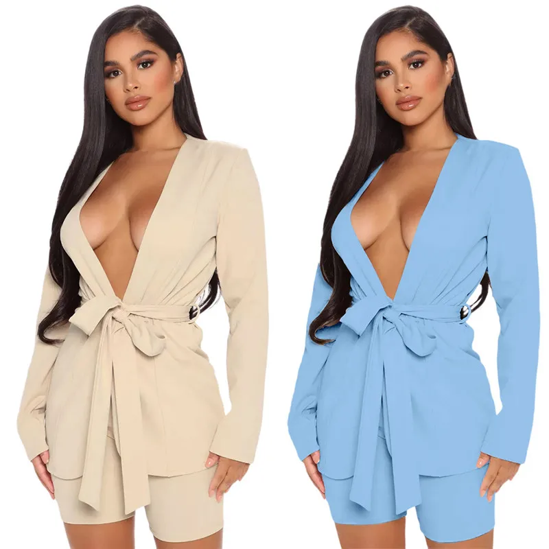 

WUHE Antumn женский однотонный сексуальный V-образный вырез короткий комплект из 2 предметов бандажные костюмы + велосипедные шорты подходящий к...