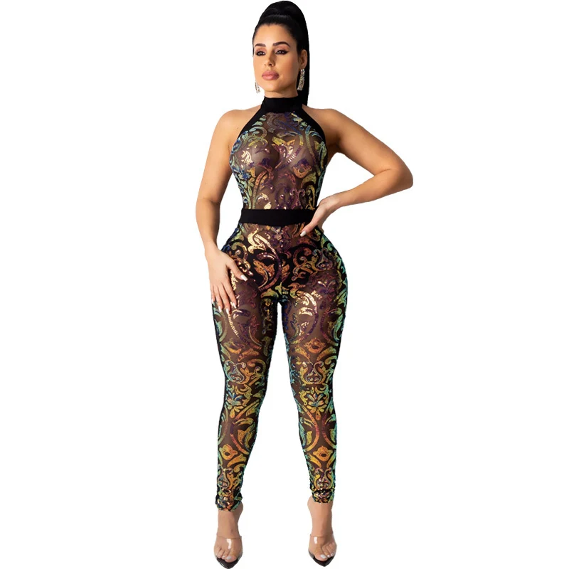 

Sexy nightclub wear Women Summer autumn long Romper Jumpsuit mesh Sleeveless Sequins Overalls Top Fashion Lady Bodycon Playsuit