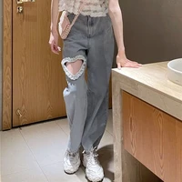 harajuku cyber y2k trousers sweet korean style kawaii lace stitching jeans women love hole streetwear high waist wide leg pants