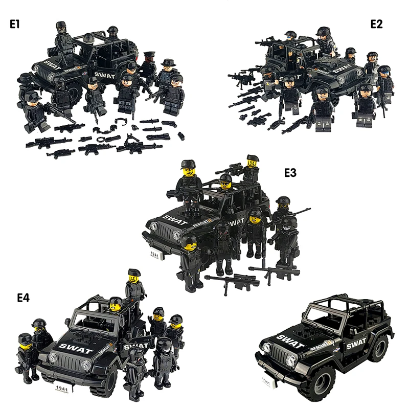 

E1/E2/E3/E4/E5 Series Military Special Forces Soldiers Vehicle Bricks Figures Guns Weapons Armed SWAT Building Blocks Kids Toys