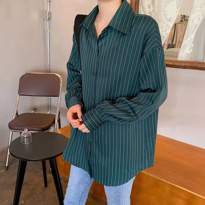 HziriP Green Striped Stylish Elegant Autumn Retro Office Lady Casual Loose Free Women Fashion Full-Sleeved Vintage Tops Shirts