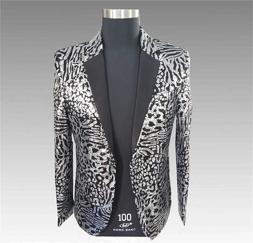 

Men's Silver Leopard Sequin Suit Plus Size Nightclub Bar Male Singer's Costume Casual Jacket One Button Blazer