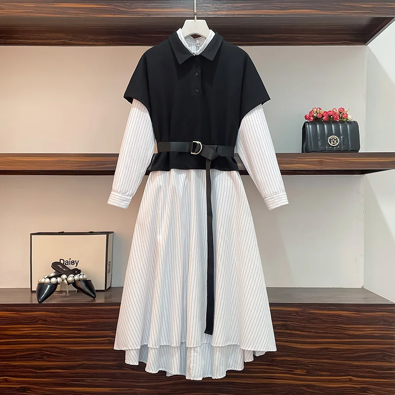 

Women Elegant Prom Party Suit Autumn Female 2021 Vest And Stripe Shirt Dresses Two Piece Set Plus Size Outfit Ladies Clothing
