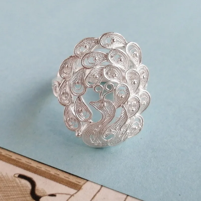 Женские кольца из стерлингового серебра 999 пробы с павлином большой размер в