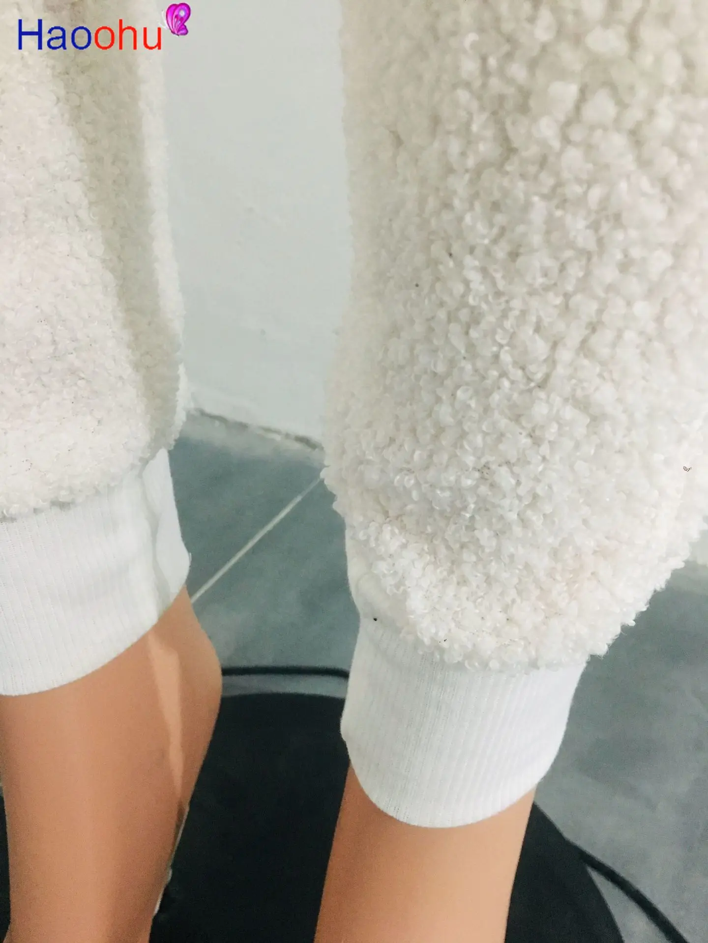 

HAOOHU Streetwear Woolen Velvet Women Pants Autumn Winter Elastic High Waist Trousers Skinny Jogger Pants Sweatpants