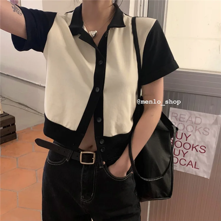 Minority T-shirt Color Contrast Short Sleeve Women's Summer French Loose And Versatile Thin Polo Top |