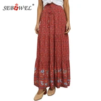 sebowel woman high waist pleated maxi ruffle skirt boho floral print elastic female long skirts adjustable drawstring waist s xl