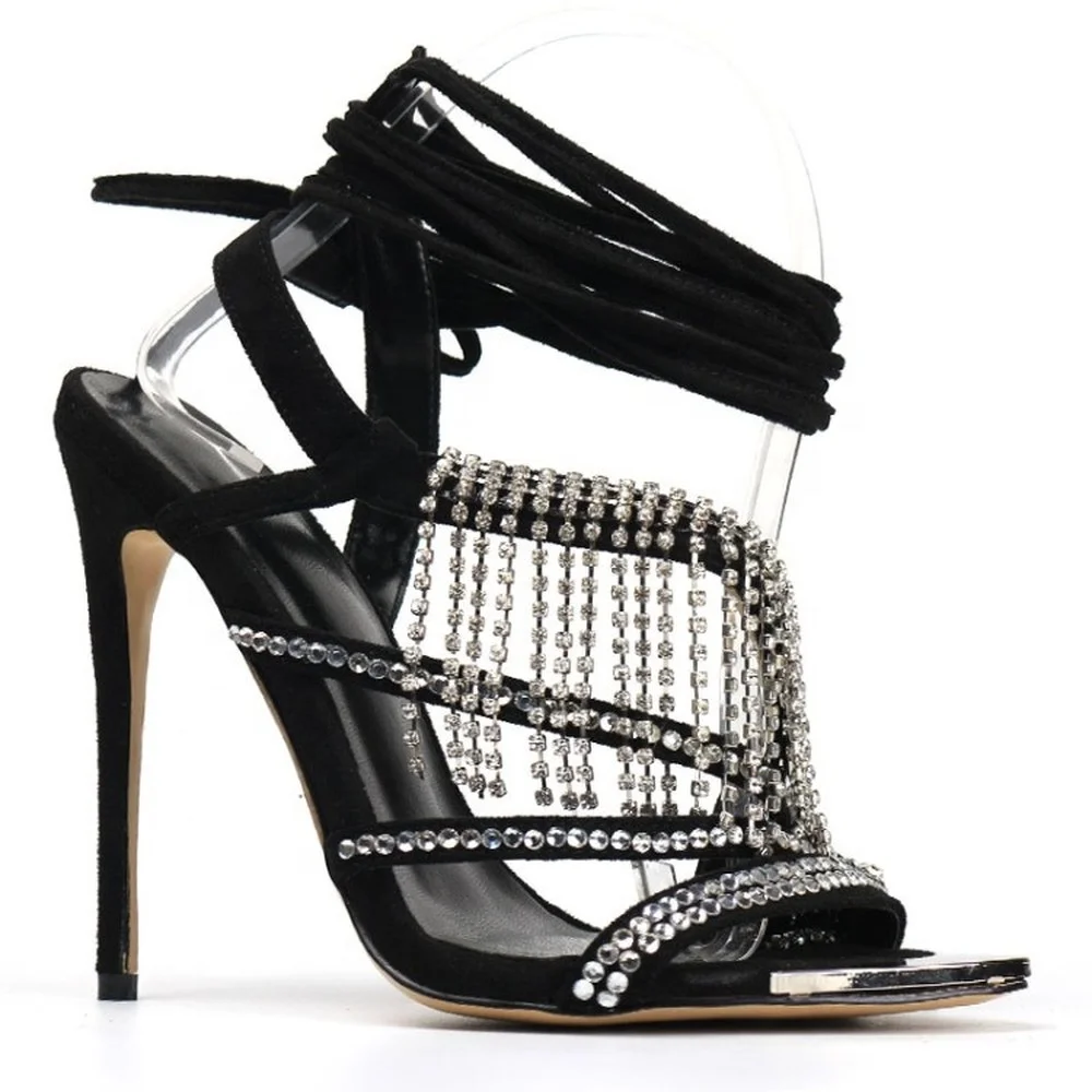 

Women Peep Toe Rhinestones Crystal Tassels Ankle Strap Sandals Shoes High Heels Slingbacks Sandals Sexy Party New 2021