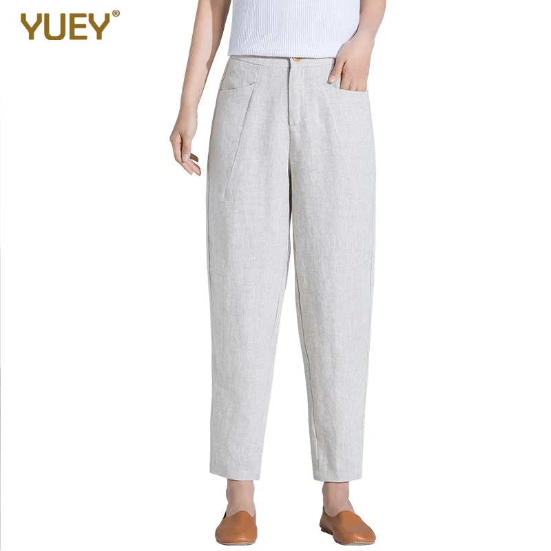 Женские льняные брюки с высокой талией и эластичной резинкой для отдыха Дышащие
