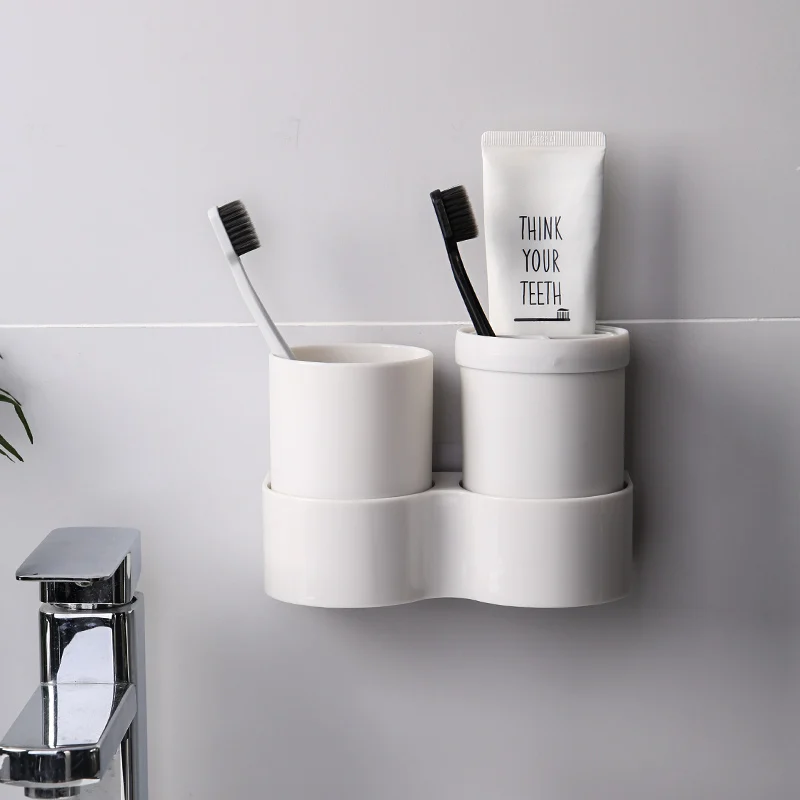 

Wall Mount Toothbrush Holder Organizer Plastic Accessories Toothbrush Holder Cup Set Porte Brosse A Dent Bathroom Supplies DE50Y