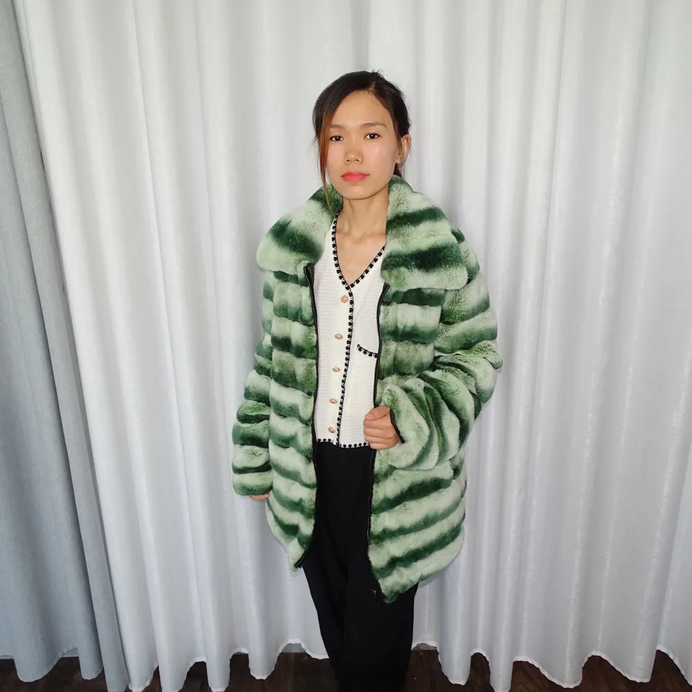 Зеленая шуба из натурального меха кролика рекс | Женская одежда