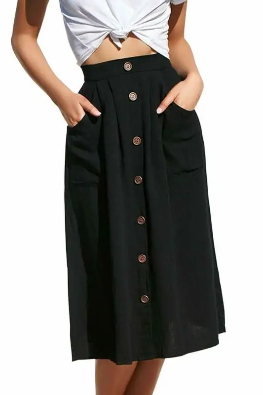 

Women New Fashion Elastic Summer High Waist Skirt Button Front Loose Fitting Retro Mid Skirts Hot