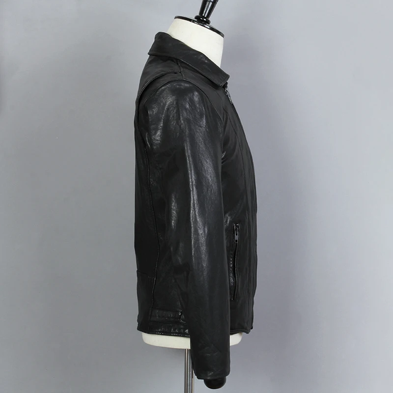 

Куртка мужская из натуральной овечьей кожи, приталенный силуэт, короткая Байкерская кожаная верхняя одежда с лацканами, черный цвет