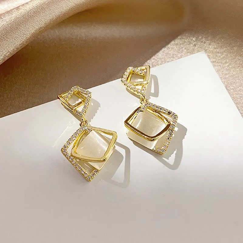

Origin Summer Unique Design Geometrical Rhombus Hollow Out Opals Dangle Earings for Femme French Rhinestone Earings Jewelry