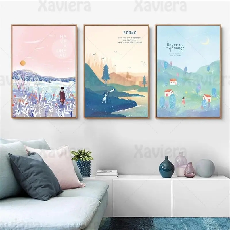 

Fantasy Poster Cartoon Landscape Fairy Tale Girl Painting Wall Picture Canvas Print for Living Room Girl Room Decoration WallArt