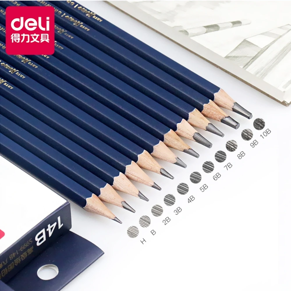 DELI Professional Wooden Sketch Drawing Pencil 3H 2H 2B 3B 4B 5B 6B 7B 8B 9B 10B 12B 14B Wood Painting Pencils Stationery Supply