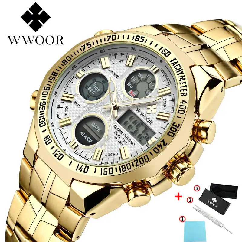 WWOOR из нержавеющей стали спортивные часы в стиле милитари для Для мужчин золото