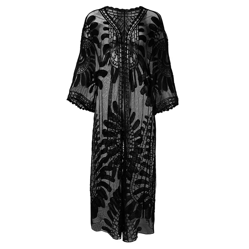 

Womens Beach Wear Kimono Cover up Swimwear Bikini Lace Floral Long Maxi Beach Dress