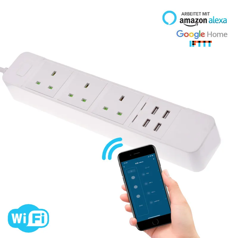 Smart power strip WIFI UK works with alexa googlehome multi plug four takes 3 AC Socket 4 USB voice contro UK/EU/US/AU