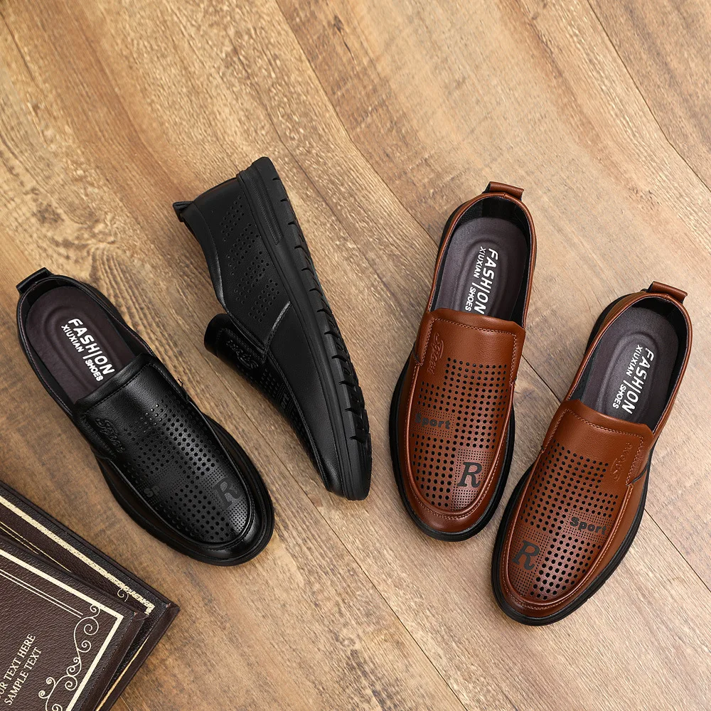 

Mens Casual Hollow Out Breathable Leather Shoes Elastic Straps Comfortable Foot Feeling Durable Soft Non Slip Leather Shoes RE