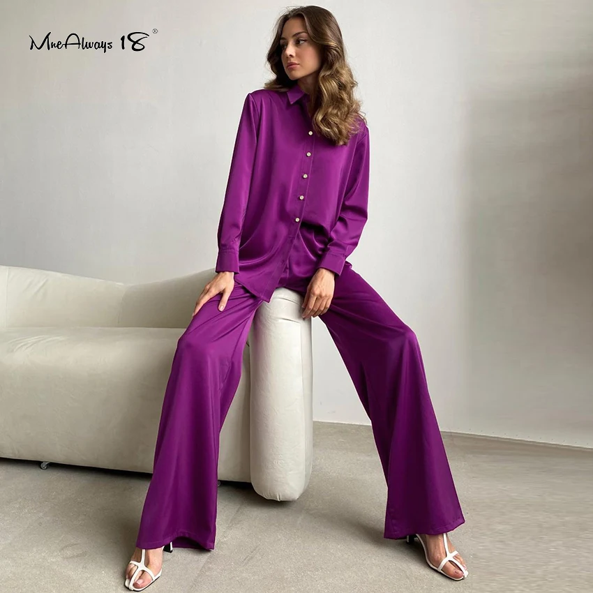 

Модный женский атласный комплект Mnealways18 из 2 предметов, рубашка с отложным воротником и широкие брюки, весна 2022, Женский комплект