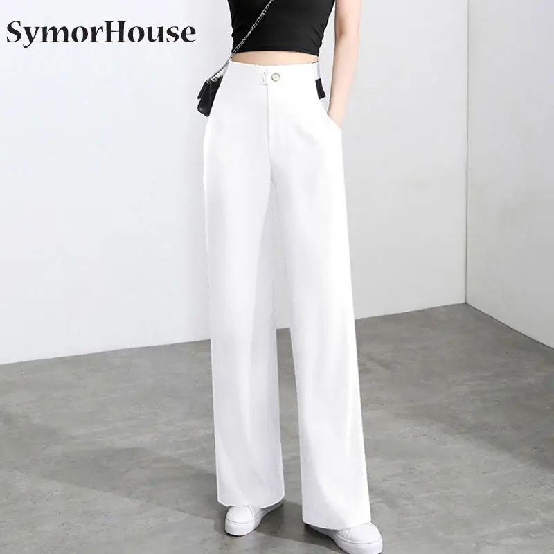 

Spring Summer Women Wide Leg Pants Thin Fabric High Waist Pockets Black Long Trousers Casual Bottoms All Match Suit Pants Autumn