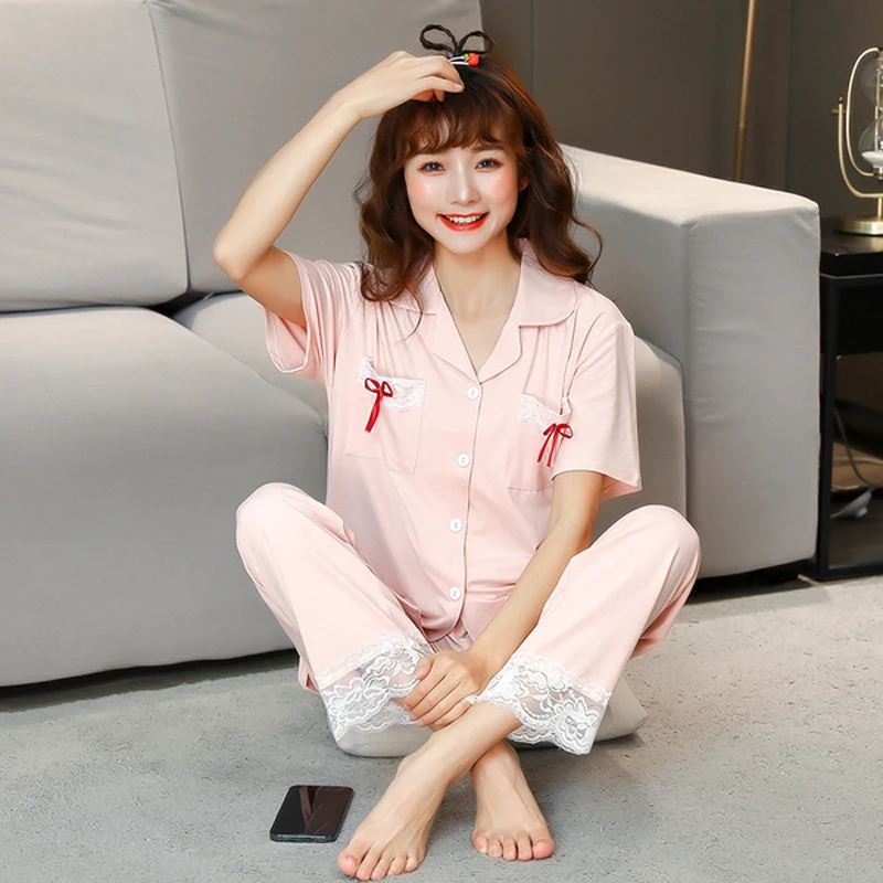 

New Summer Women Cloud Cotton Pajamas Set Solid Color Pyjamas Sexy Lace Girls Lapel Shirts+Trousers Sleepwear Soft Homewear Suit