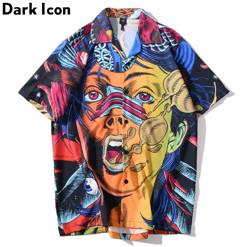 Мужские рубашки в стиле хип-хоп с принтом темного икона новые модные коротким